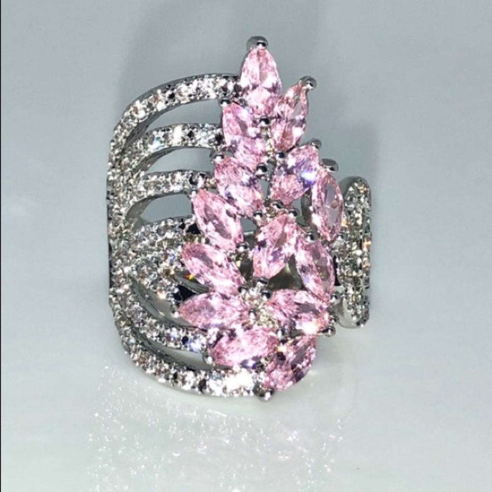 925 PP Pink Topaz AAA Cz Ring 9 Marquises2.80TCW